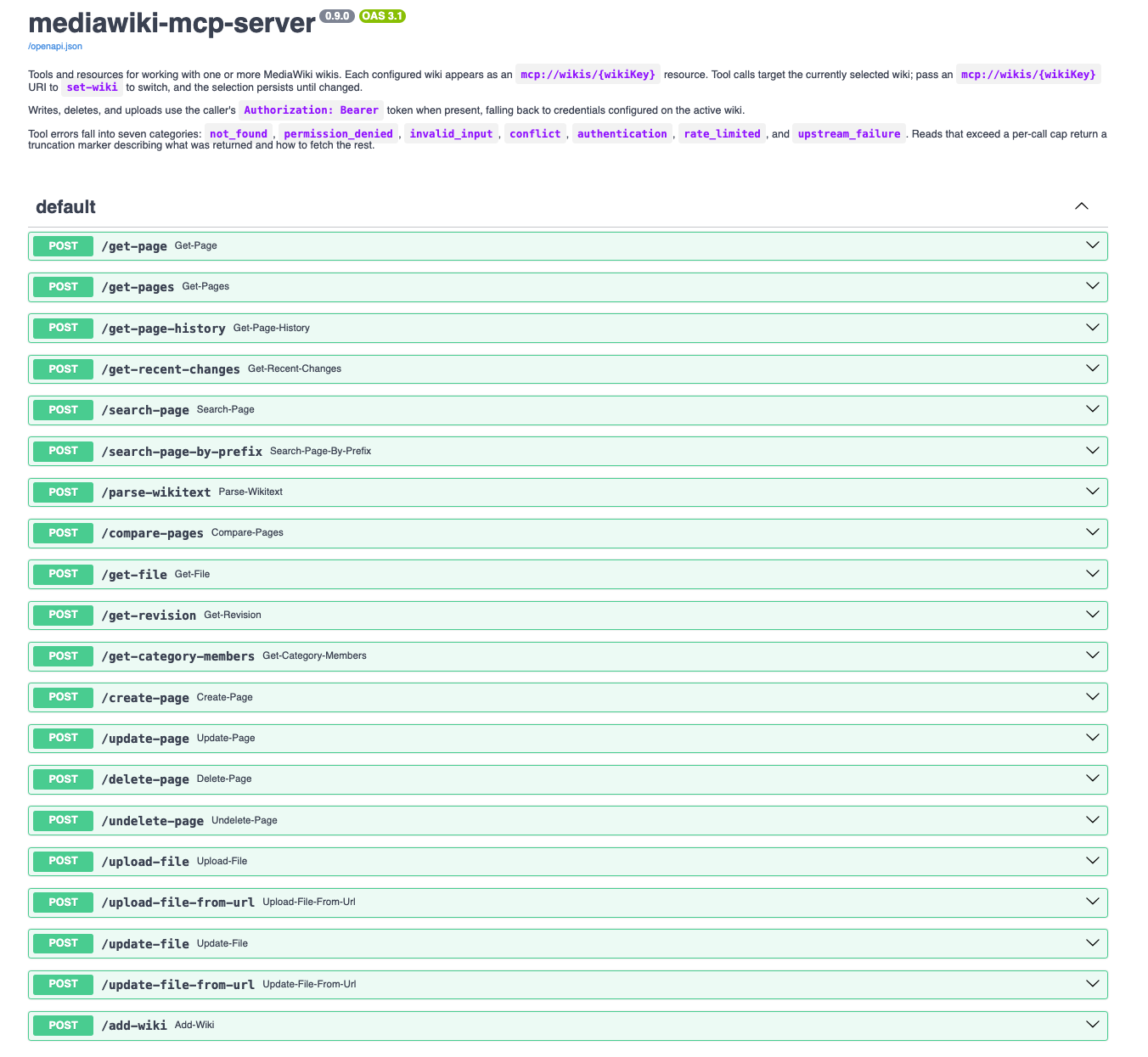 The auto-generated OpenAPI docs exposed by mcpo — OpenWebUI uses this spec to discover the available tools.